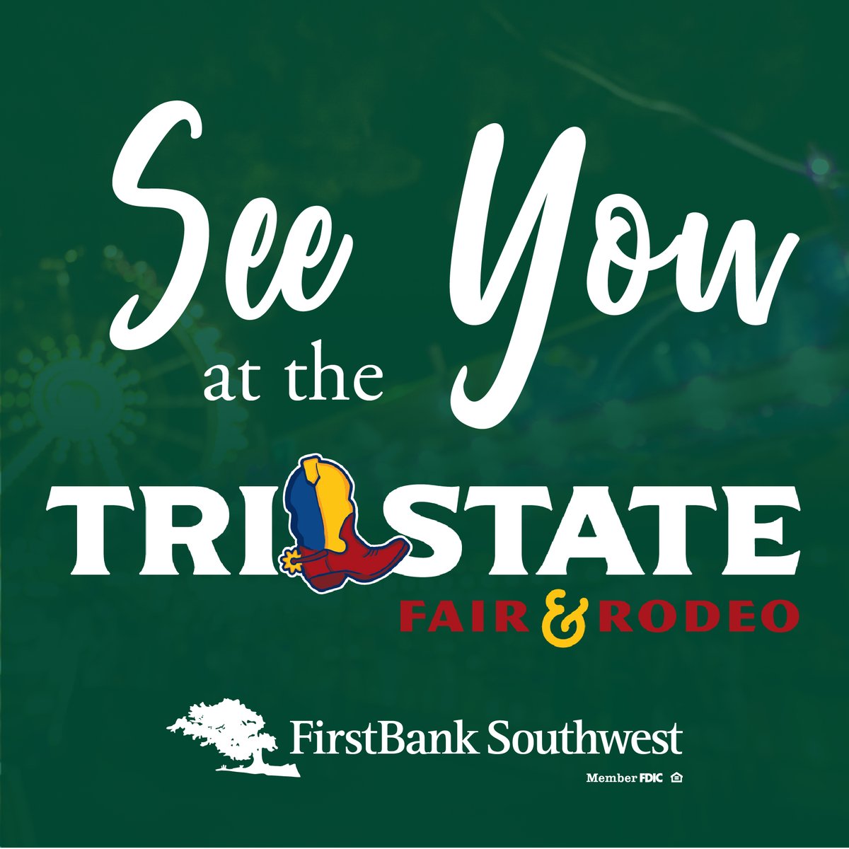 Saddle up for some fun! 🤠 FBSW is the presenting sponsor of Ride ’Em Cowboy Night at the Tri-State Fair tonight, Tuesday, September 16th!

🎟️ For just $25, you’ll get gate admission + unlimited ride wristbands — don’t miss out on the fun! 🙌

Faith. Family. Bank. 💚
#MemberFDIC