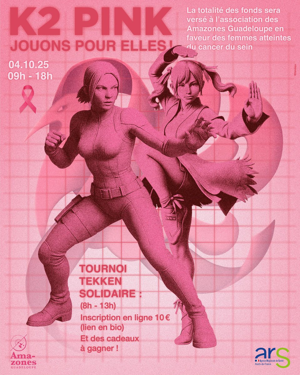 Tournoi solidaire Tekken 8
4/10/25 | 8h - 13h | Cinéma du Moule 
Inscription : 10 € forms.gle/CBWBY7RyfdcSHJ… 
🎁 Des cadeaux à gagner !
💗 Les fonds seront reversés à <a href="/AmazonesGuadel1/">Amazones Guadeloupe</a> 

#octobrerose #k2 #esports #tekken8 #k2esports #guadeloupe #cancerdusein #esportsguadeloupe