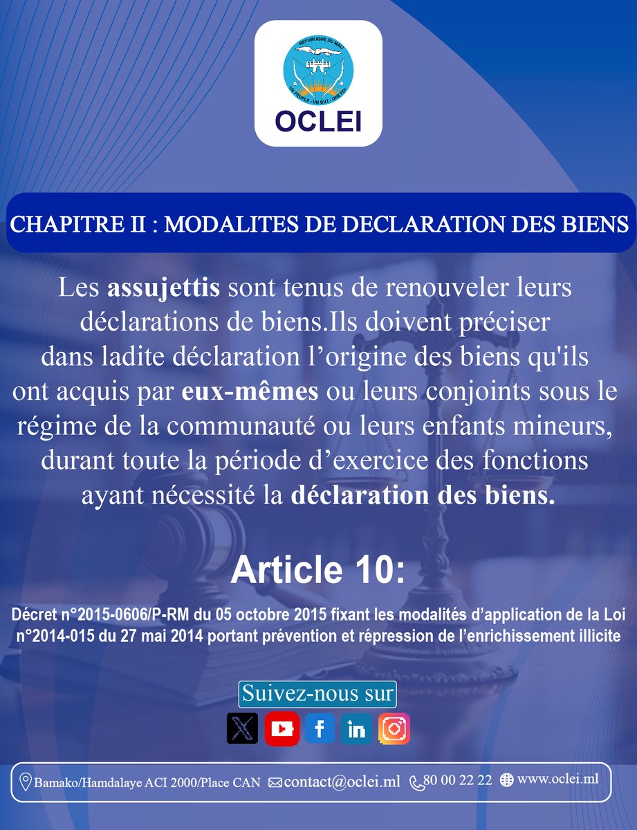 𝐑𝐄𝐂𝐔𝐄𝐈𝐋 𝐃𝐄 𝐓𝐄𝐗𝐓𝐄𝐒 𝐝𝐞 𝐥'𝐎𝐟𝐟𝐢𝐜𝐞 𝐂𝐞𝐧𝐭𝐫𝐚𝐥 𝐝𝐞 𝐋𝐮𝐭𝐭𝐞 𝐜𝐨𝐧𝐭𝐫𝐞 𝐥'𝐄𝐧𝐫𝐢𝐜𝐡𝐢𝐬𝐬𝐞𝐦𝐞𝐧𝐭 𝐈𝐥𝐥𝐢𝐜𝐢𝐭𝐞 𝐚𝐮 𝐌𝐚𝐥𝐢
#luttecontrecorruption
#enrichissementillicite
#Mali
#OCLEI