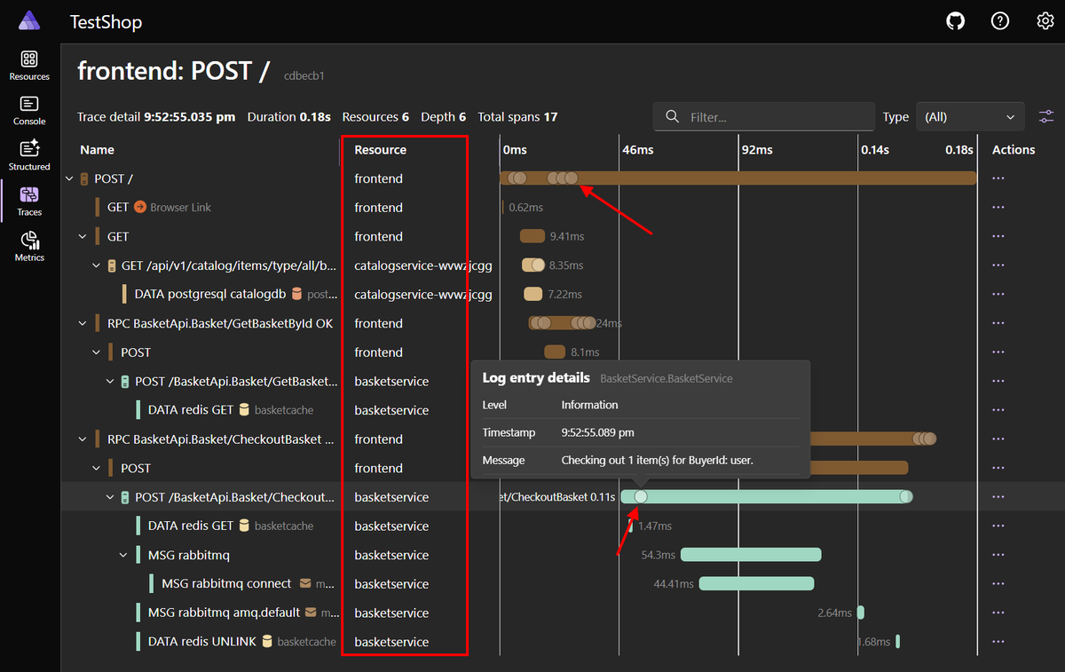 Aspire 9.5 new dashboard features, day 1:

The trace detail page gets some quality-of-life improvements:
🏷️ Span names are clearer, with resources split into their own column
🪵 Logs are now shown in the waterfall chart. Hover for a tooltip, or click for full details
