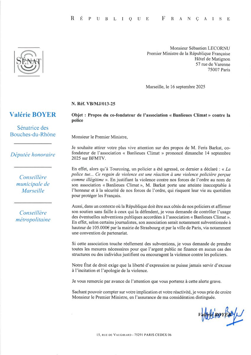 valerieboyer13's tweet image. Alors qu’un policier était violemment agressé, M. Feris Barkat (#BanlieuesClimat) a déclaré sur @BFMTV : « La police tue… Ce regain de violence est une réaction à une violence policière perçue comme illégitime ». J’ai saisi la Procureure de la République et le Premier ministre