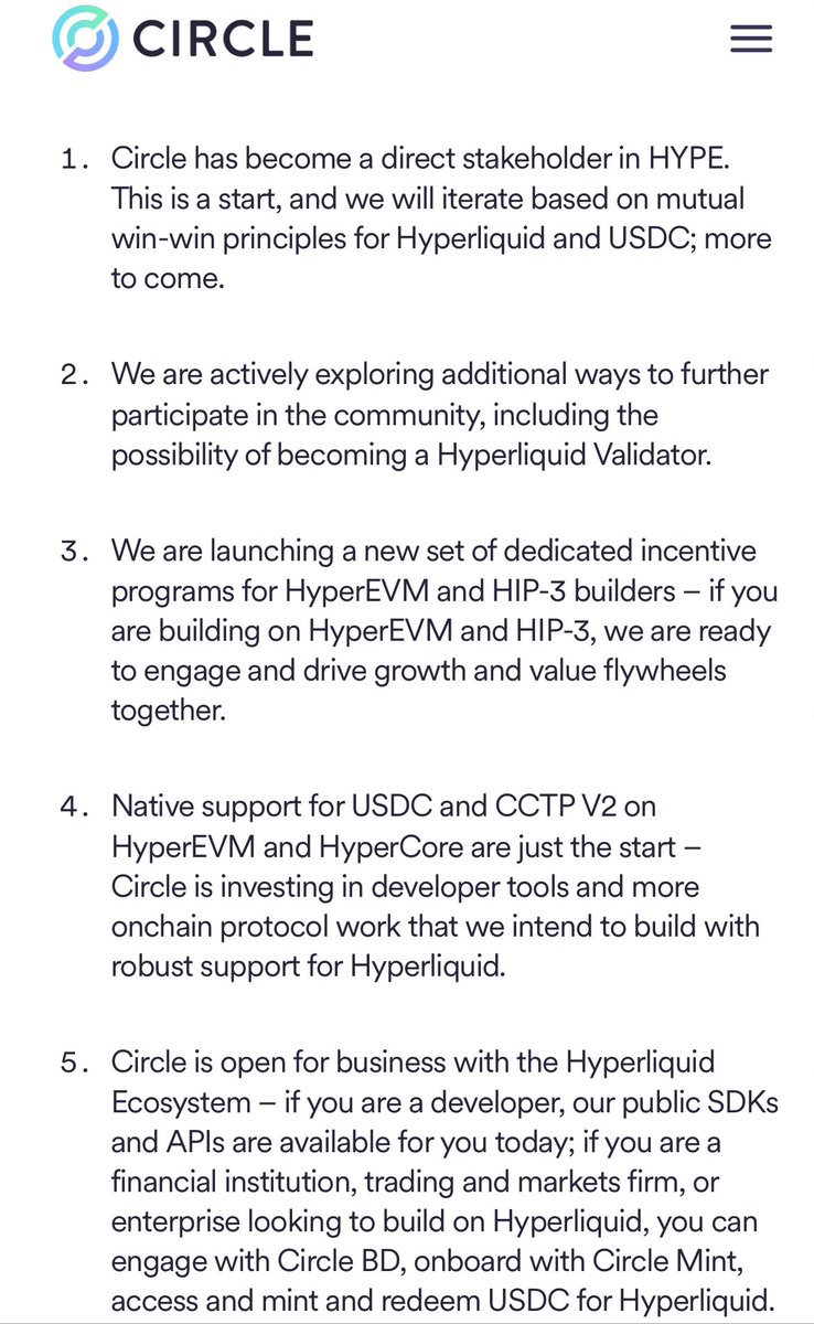 Circle has also pushed out a blog post stating that:

+ their HYPE investment is just the start with more to come.

+ their interest in becoming a validator.

+ the launch of incentive programs for HyperEVM &amp; HIP-3 builders.

Hyperliquid