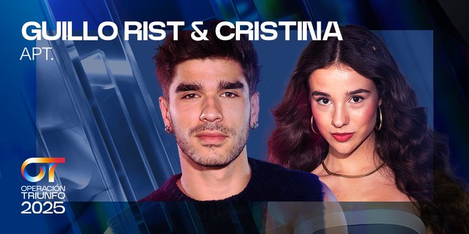 Guillo Rist and Cristina, two individuals, are visible. Guillo Rist has short dark hair and a beard, wearing a dark shirt. Cristina has long wavy dark hair, wearing a sleeveless dark top. A watermark from Operación Triunfo 2025 is present, along with text overlay reading "GUILLO RIST & CRISTINA APT."