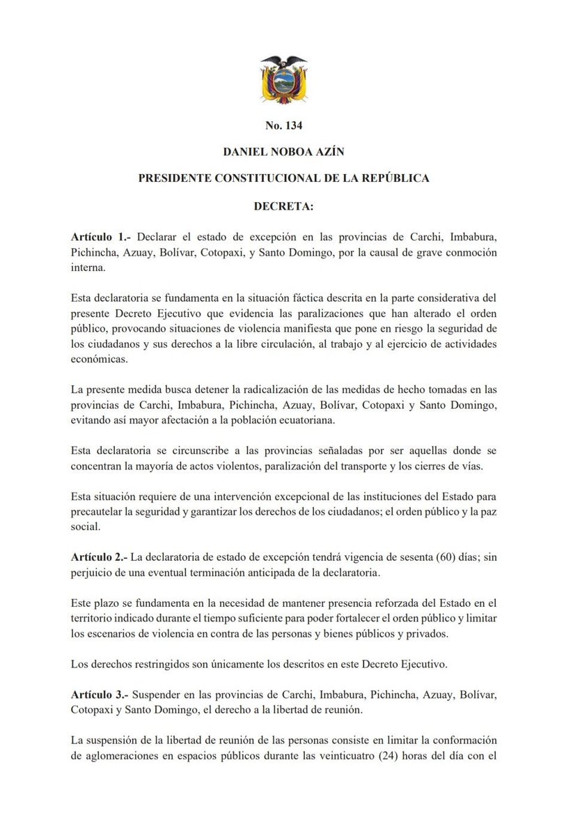 camRenata_'s tweet photo. #urgente El presidente @DanielNoboaOk decretó estado de excepción en las provincias de Carchi, Imbabura, Pichincha, Azuay, Bolívar, Cotopaxi y Santo Doming https://t.co/MEhhve6V7o