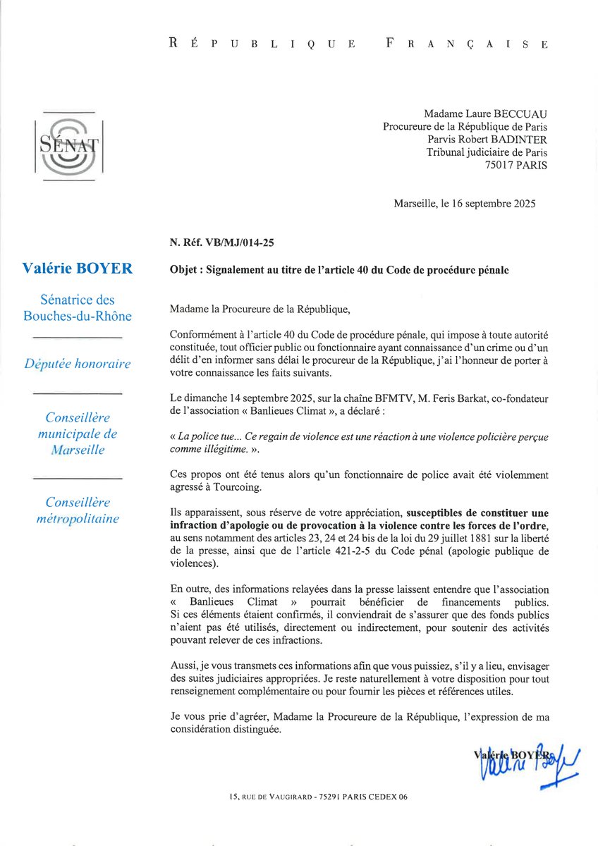valerieboyer13's tweet image. Alors qu’un policier était violemment agressé, M. Feris Barkat (#BanlieuesClimat) a déclaré sur @BFMTV : « La police tue… Ce regain de violence est une réaction à une violence policière perçue comme illégitime ». J’ai saisi la Procureure de la République et le Premier ministre