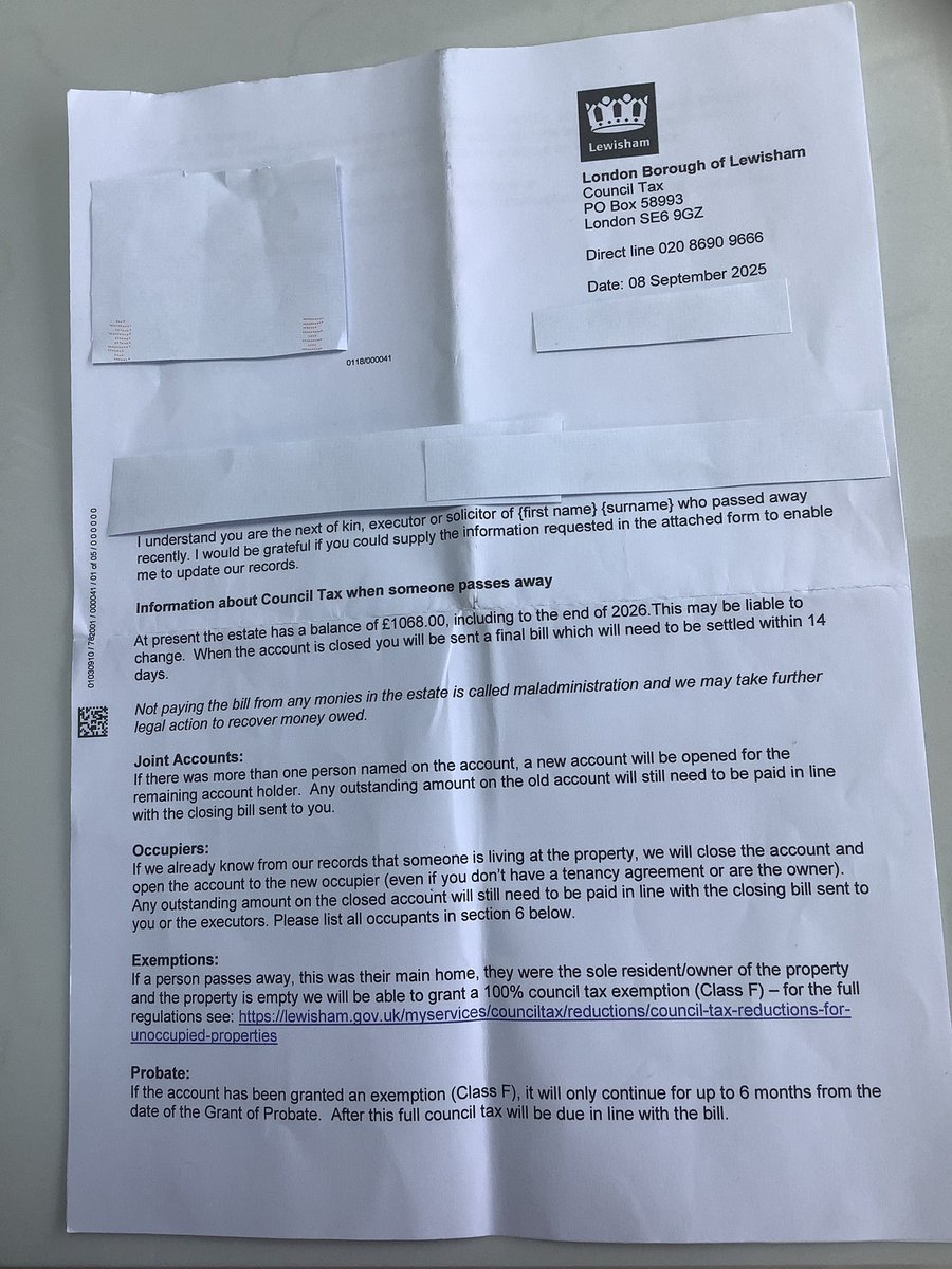 creativcap's tweet photo. So @LewishamCouncil #counciltax 
Disgusting letter before we even buried my dad, he died on the 1st u sent this exactly 7 days later, my mum still lives there u vultures, no1 running away from paying &amp; u keep cutting our phone call everytime we connect 2 ur agents https://t.co/izAroN5rFV