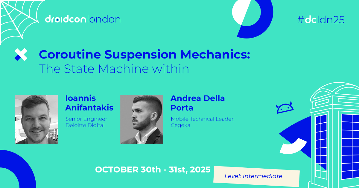droidconLondon's tweet image. Ready for a double dose of brilliance? Join @ioannisa &amp;amp; @AndreaDellaPor5 at #dcldn25 🇬🇧 Dive into #Kotlin #Coroutines to uncover the hidden FSM, suspension mechanics, &amp;amp; how async #code really works under the hood.
london.droidcon.com/speakers/ioann…