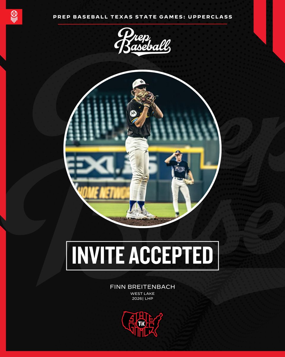 🎟️ #𝐓𝐗𝐒𝐭𝐚𝐭𝐞𝐆𝐚𝐦𝐞𝐬𝟐𝟓: 𝐈𝐧𝐯𝐢𝐭𝐞 𝐀𝐜𝐜𝐞𝐩𝐭𝐞𝐝 

2026 LHP Finn Breitenbach  (<a href="/FinnBreit08/">Finn Breitenbach</a> | <a href="/WHSChapBaseball/">Westlake High School Baseball</a>) is headed to The Texas State Games (Upperclass) at Weatherford College on September 19-21.

<a href="/PB_Uncommitted/">Prep Baseball Uncommitted</a>

🖇️ loom.ly/powpwyg