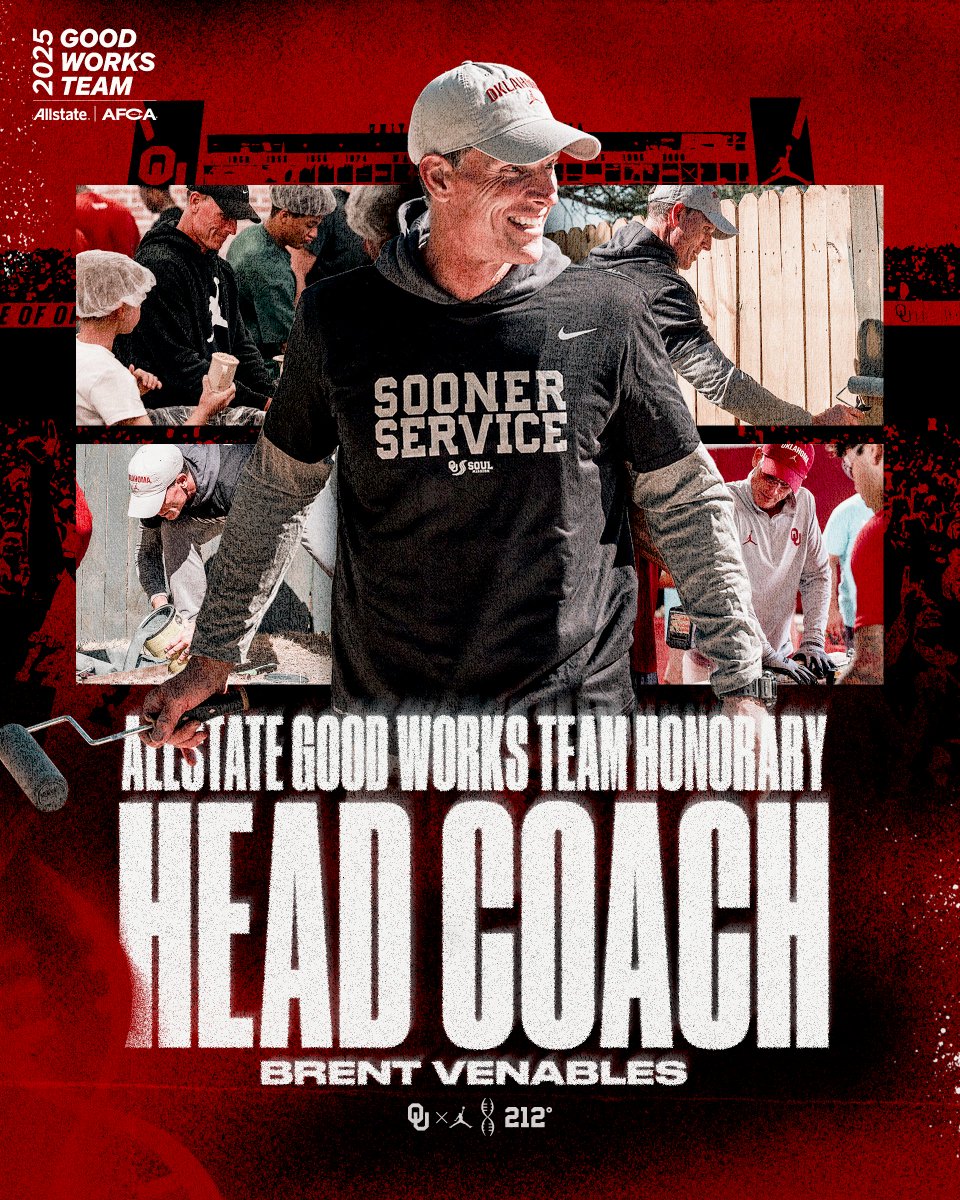 Oklahoma Football (@ou_football) on Twitter photo Championing service and leadership off the field π
<a href="/CoachVenables/">Brent Venables</a> has been named the 2025 Allstate AFCA Good Works Team Honorary Head Coach, marking the first time an OU coach has earned the recognition.
π ouath.at/BVGWT | #SOULmission Championing service and leadership off the field π
<a href="/CoachVenables/">Brent Venables</a> has been named the 2025 Allstate AFCA Good Works Team Honorary Head Coach, marking the first time an OU coach has earned the recognition.
π ouath.at/BVGWT | #SOULmission