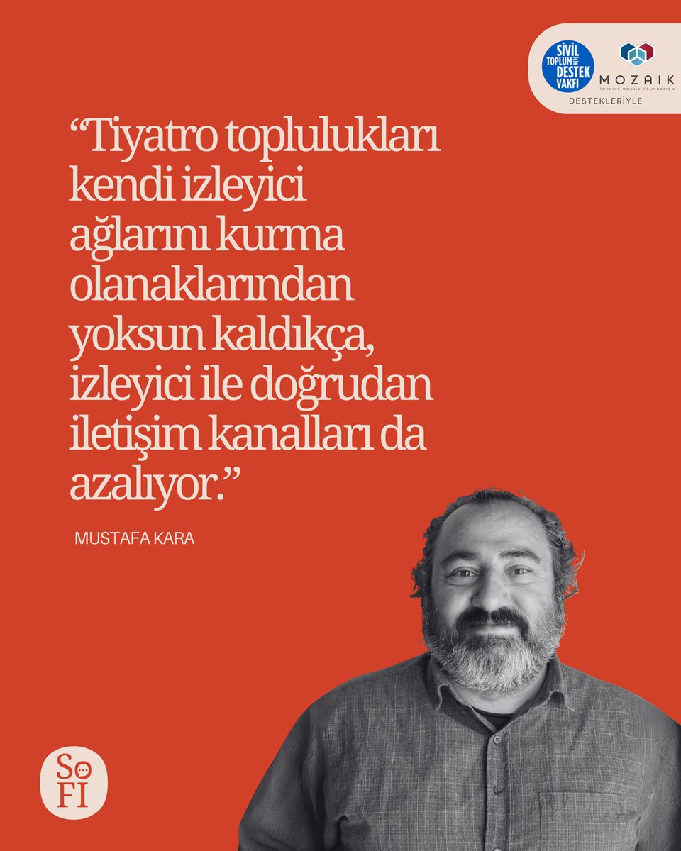 💬 “Tiyatro toplulukları kendi izleyici ağlarını kurma olanaklarından yoksun kaldıkça, izleyici ile doğrudan iletişim kanalları da azalıyor.”

📝 <a href="/mustafakaraQ/">Mustafa Kara</a>'nın bilet satış platformlarıyla ilgili yazısı raporda.

<a href="/destekvakfi/">Sivil Toplum için Destek Vakfı</a> <a href="/turkeymozaik/">Turkey Mozaik Foundation</a> 

sofi.org.tr/sahnelerin-ile…