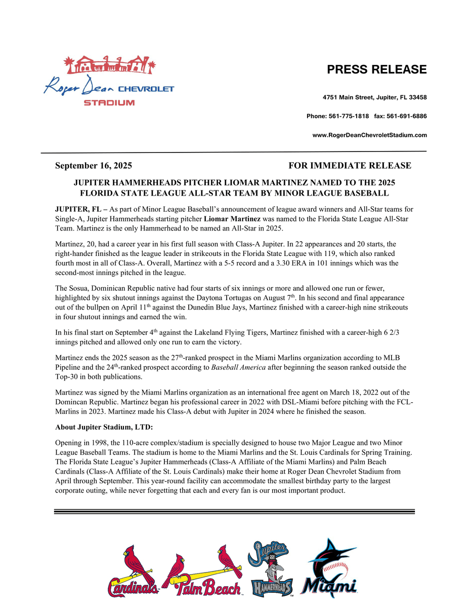 Congratulations to RHP Liomar Martinez on being named to the 2025 Florida State League All-Star Team by <a href="/MiLB/">Minor League Baseball</a>!!

Read more in our press release:

#Makingwaves #Hammertime🦈