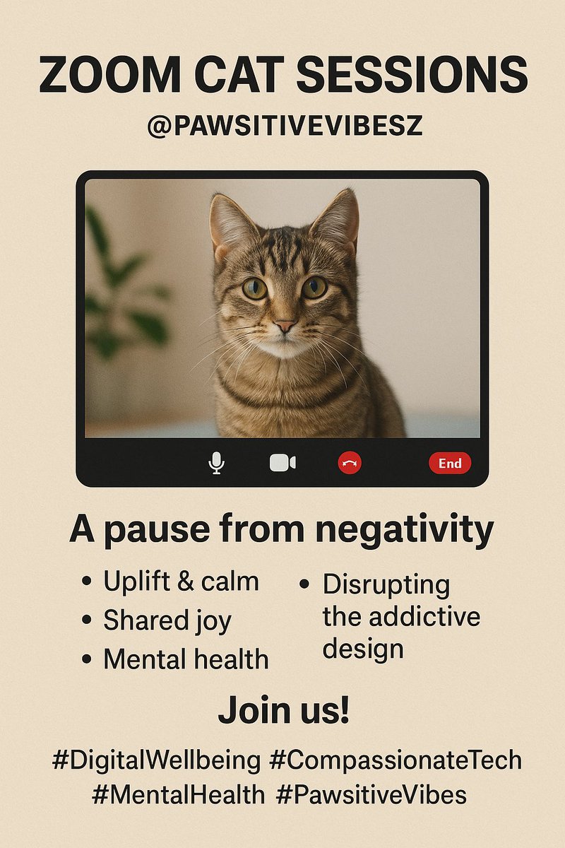 paniaguai's tweet image. Overwhelmed by digital noise? Join @PawsitiveVibesZ Zoom cat sessions! A break from negativity, with purrs &amp;amp; play to reduce stress. We’re building islands of joy for a kinder online world. #DigitalWellbeing #ZoomWithCats