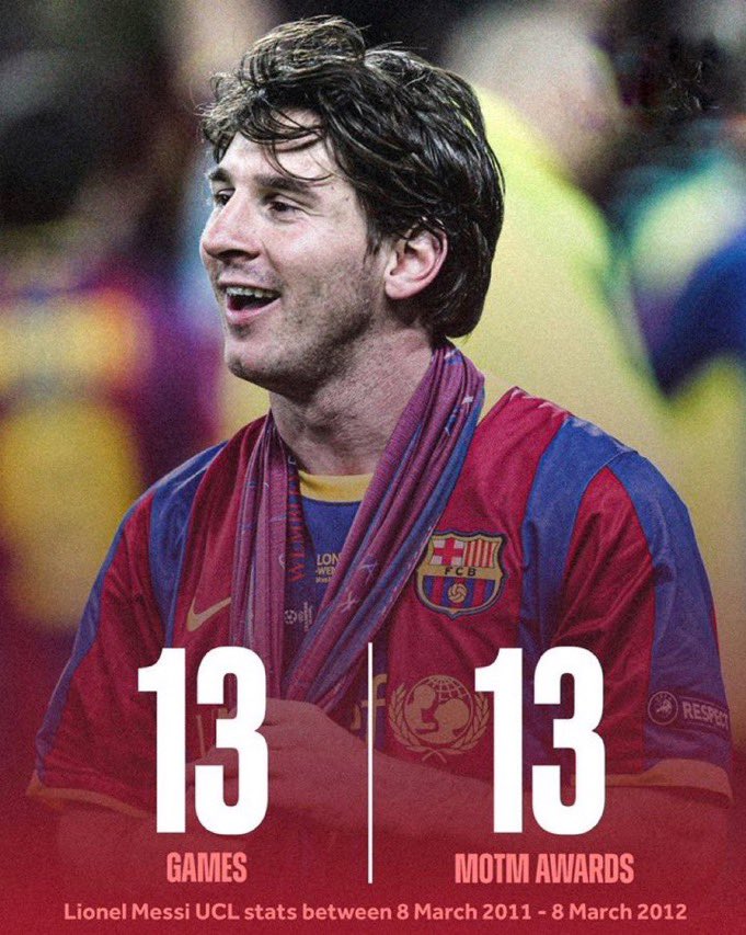 cule7m's tweet photo. من الأرقام الخيالية في دوري الأبطال

 ميسي أبطال 2011 لعب 13 مباراة جاب فيها كلها نجم المباراة والله رقم اعجازي يا بشر 🤯!! https://t.co/NfI6wqbNOw