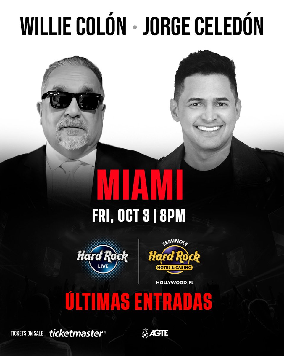 ¡Miami, falta poco! <a href="/williecolon/">Willie Colón</a> y <a href="/Jorgitoceledon/">JORGE CELEDON</a> en concierto el 3 de octubre en el <a href="/HardRockHolly/">Seminole Hard Rock Hollywood</a>.
Últimas entradas a la venta en <a href="/Ticketmaster/">Ticketmaster</a>