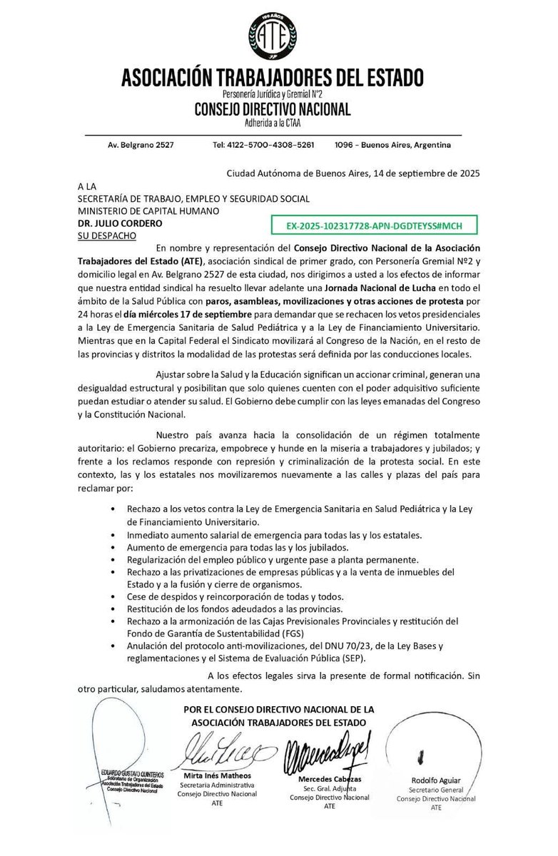 #FélixGonzálezConducción 
La Seccional Esquel adhiere a la Jornada Nacional de Lucha dispuesta por el Consejo Directivo Nacional de ATE #17Septiembre
<a href="/adatasur/">ADataSur</a> <a href="/marceloherbas19/">Marcelo Herbas</a>
<a href="/ateprensa/">Prensa ATE Nacional</a> <a href="/chubut_sindical/">Chubut Sindical</a>
