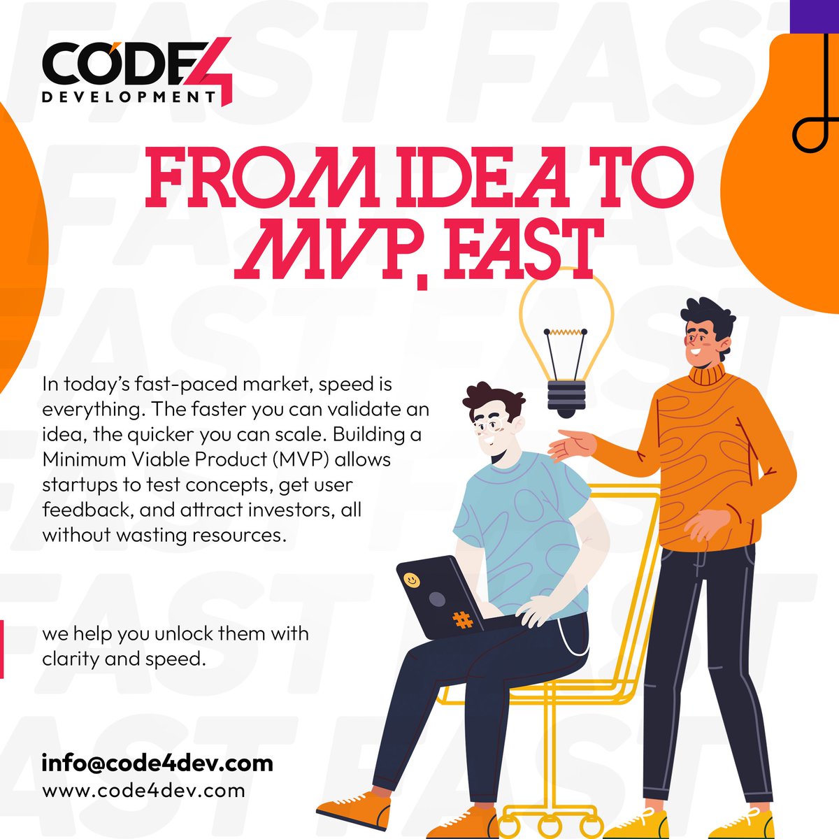 Code4DevX's tweet image. In today's fast-paced market, building a Minimum Viable Product (MVP) allows startups to test concepts, get user feedback, and attract investors, all without wasting resources.
At Code4Dev, we specialize in rapid MVP development that turns visions into market-ready products.
