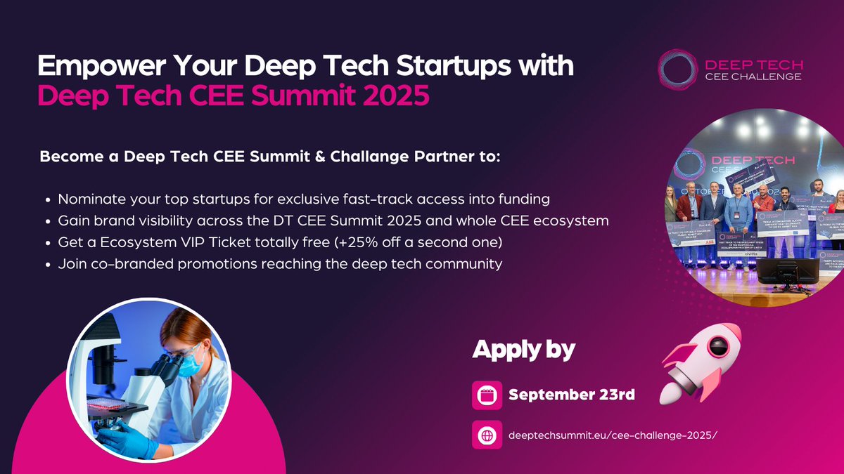 DeepTechCEE's tweet image. Accelerators, incubators, startup associations!
Partner with DT CEE Summit!
Empower your startups with direct access to founding, strategic partnerships, exposure &amp;amp; expert insights. 
Get a FREE VIP Summit Ticket! 
Apply by 23.09.2025: 
deeptechsummit.eu
#DeepTechCEE
