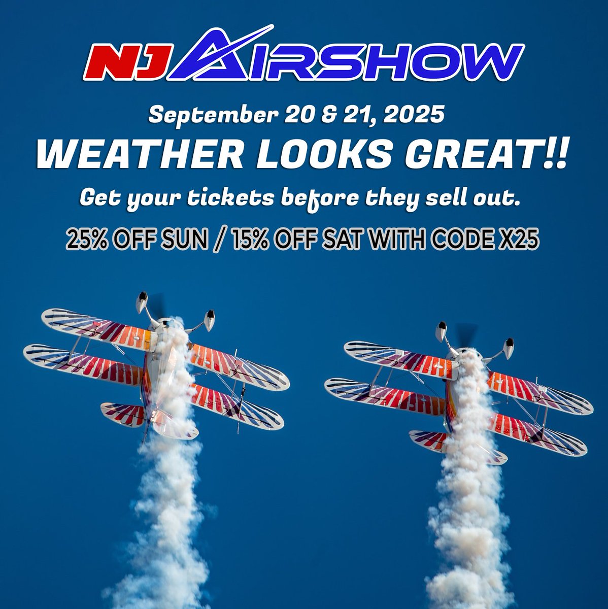 ⏳ Only 4 days left until the NJ Airshow takes over the skies in West Milford!
Get ready for drones, fireworks, lasers, jet truck, pyro &amp; world-class performers in an airshow unlike any other.

🗓 Sept 20–21, 2025 • Greenwood Lake Airport
🎟 Save with code X25 → 15% OFF