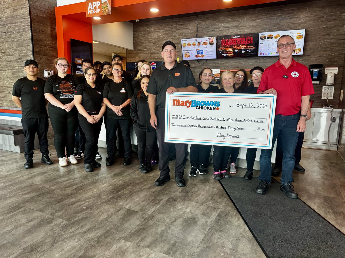 This past Friday, Mary Brown's raised an incredible $218,137.41 through Batter’s Box Sales. 🙌

Thanks to matching contributions from both the Provincial and Federal Governments, the total donation to the Canadian Red Cross 2025 NL Wildfire Appeal now stands at $654,412.23. ❤️

A