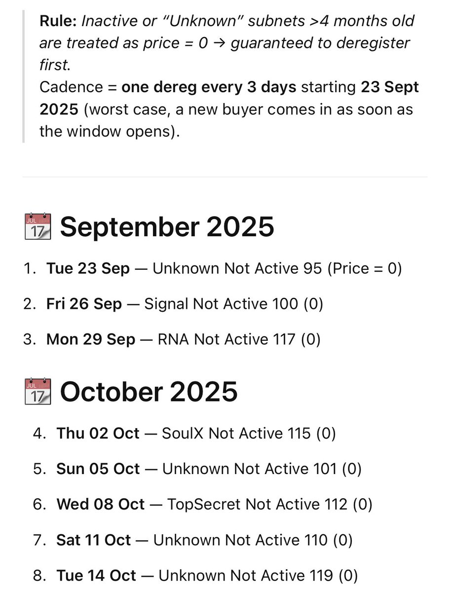 leomercier's tweet image. Next week an update to Bittensor will make the ecosystem a true hunger game. 

$TAO subnet deregistration will come into effect. Subnets with the lowest EMA will be removed on a registration of a new one. 

delist schedule -