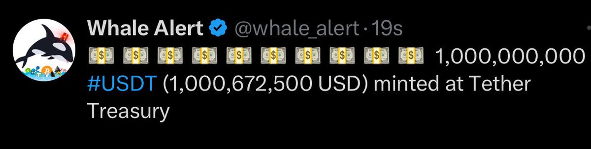 BREAKING:

$1 BILLION USDT JUST MINTED.

MASSIVE PUMP INCOMING 🚀
