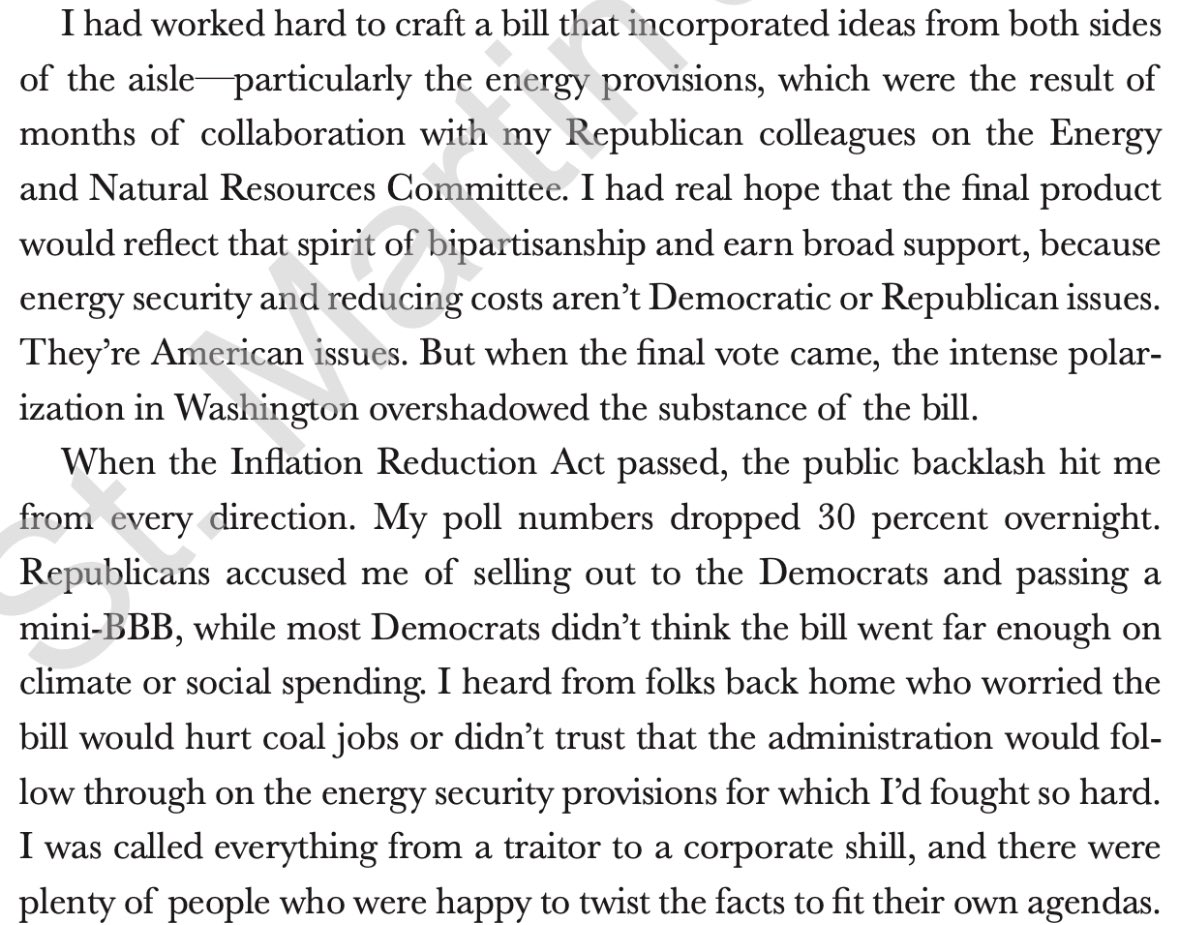 Former Sen Manchin (I-WV) cited our reporting as he reflected on how the IRA may well have tanked his re-election chances — something he and his top advisor denied profusely at the time 

politico.com/news/2024/08/0…