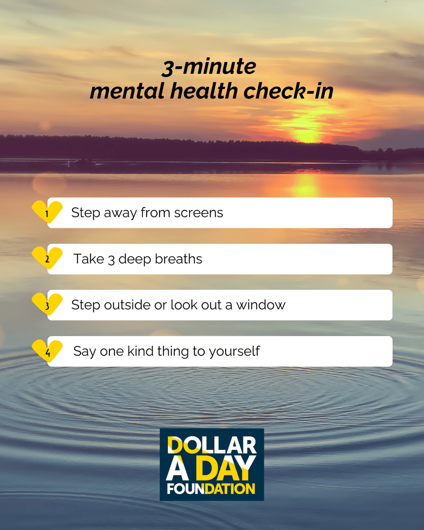 It’s important to check in with ourselves—not just on the tough days but every day.

Take a moment today to pause and try these simple check-in tips.

How do YOU check in with yourself? Share your tips in the comments! 

#MentalHealthChallenge #SelfCare #adollaraday
