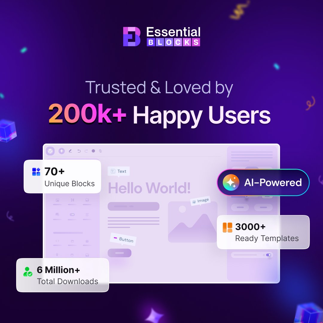 EssentialBlocks's tweet image. 🎉 Essential Blocks Celebrates 200,000+ Active Installations &amp;amp; as a small token of appreciation, we’re offering discounts up to $100 off. 

You’ll get:
🟪70+ Gutenberg blocks 
🎨3000+ available templates
🤖AI content &amp;amp; image generator 

Claim your gift 👉 essential-blocks.com/#pricing