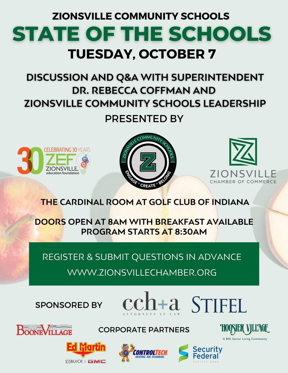 ZEF is a sponsoring partner 🤝 with Zionsville Community Schools and the Zionsville Chamber of Commerce to bring you the ZCS State of the Schools on Tuesday, October 7th. Register today and submit questions in advance at the link below.

business.zionsvillechamber.org/calendar/Detai…