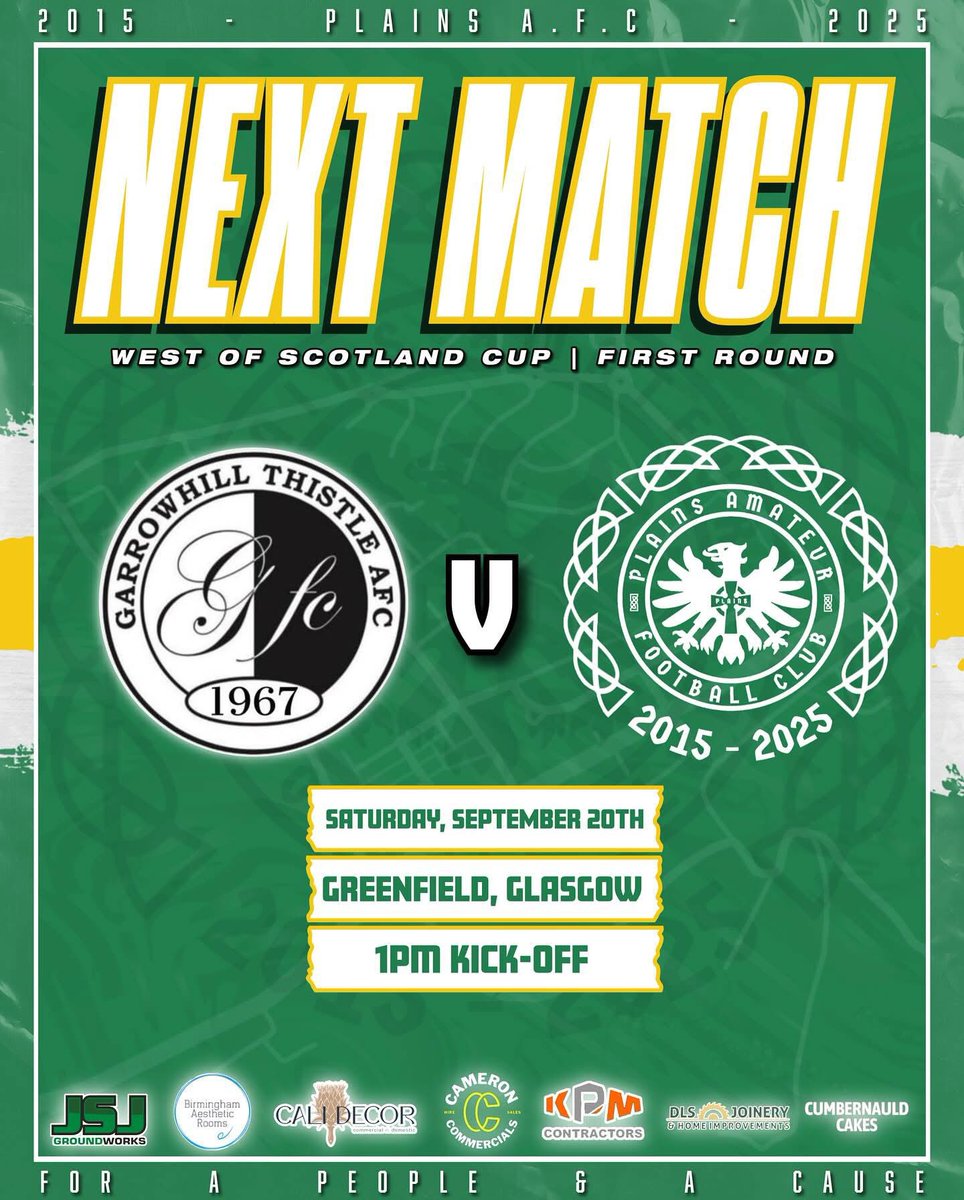 ⚽️ NEXT MATCH ⚽️‼️

⚫️⚪️⚫️<a href="/GarrowhillT/">Garrowhill Thistle</a> v PLAINS 🟢⚪️🟡

🏆 WEST OF SCOTLAND CUP | FIRST ROUND

📍 GREENFIELD 3G, GLASGOW

⏱ 1PM KICK-OFF

🟢⚪️🟡 𝙐𝙋 𝙏𝙃𝙀 𝙋𝙇𝘼𝙄𝙉𝙎 🟡⚪️🟢

<a href="/OfficialSMAFA/">SMAFA</a> <a href="/scottish_aff/">AmateurFixturesResultsSCO</a> 

#Plains #Lanarkshire #ScottishAmateurFootball #ScottishFootball