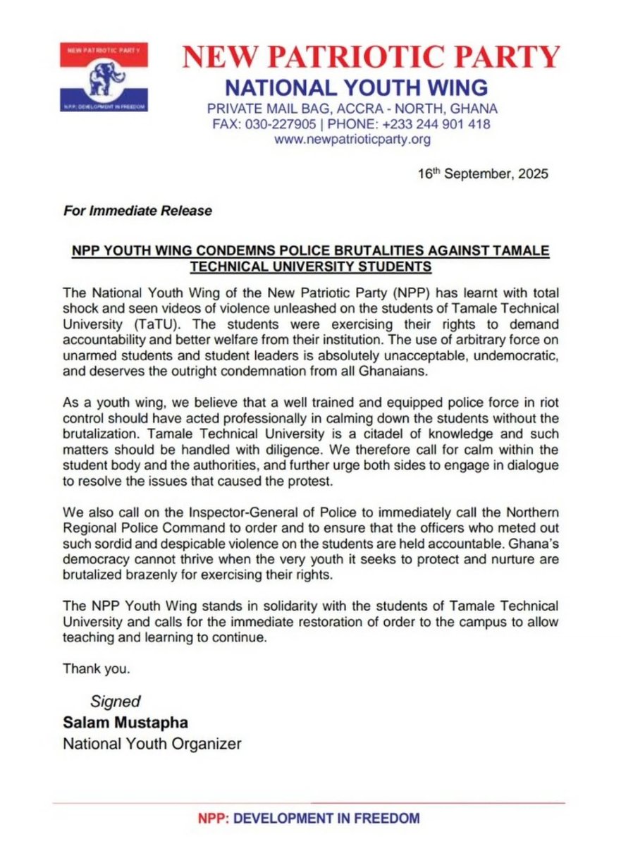The National Youth Wing of the New Patriotic Party (NPP) has strongly condemned the recent acts of police brutality against students of Tamale Technical University (TaTU).