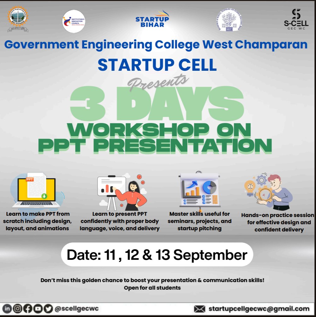 scellgecwc's tweet image. 🎯 From slides to storytelling! Our 3-day PPT Presentation Workshop helped students master design, structure, and delivery for powerful presentations. 🚀 #startupcell #startupbihar #scellgewc #startupindia #innovation #enterpreneurship
