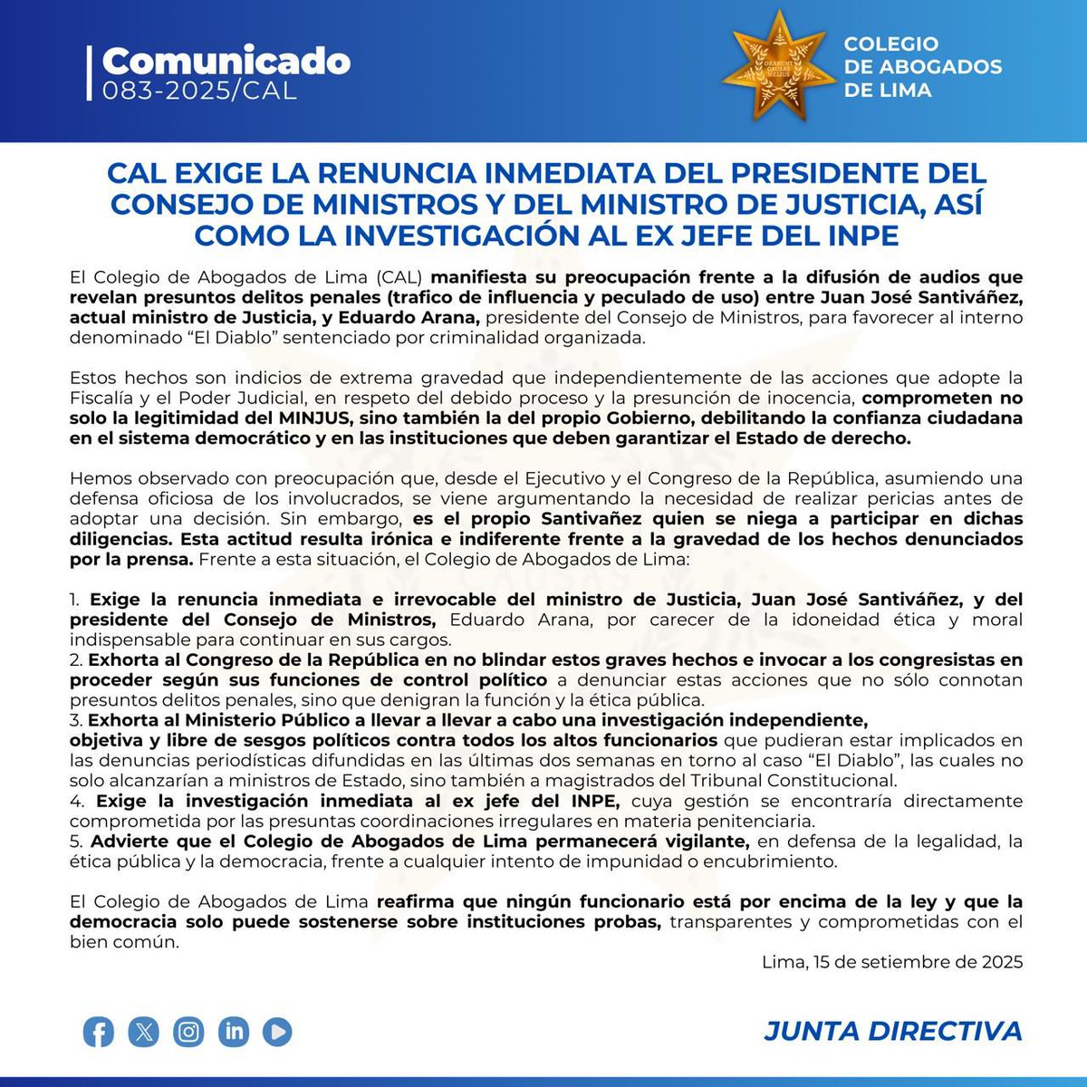 Epicentro_TV's tweet photo. 🔴 Colegio de Abogados de Lima exige la renuncia inmediata del prermier Arana y el ministro #Santiváñez debido a que los hechos revelados en el audio "comprometen no solo la legitimidad del MINJUS, sino también la del propio Gobierno, debilitando la confianza ciudadana en el sistema democrático y en las instituciones que deben garantizar el Estado de derecho."