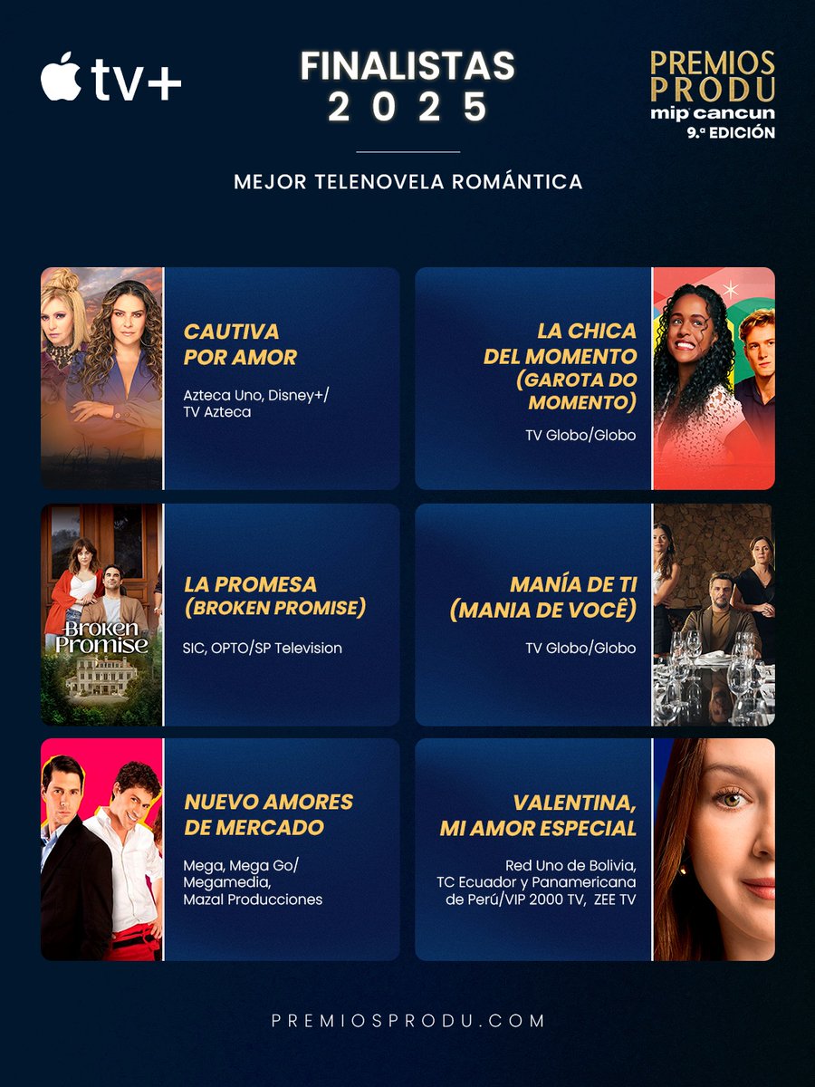 premiosPRODU's tweet photo. ¡Estos son los finalistas en las categorías “Mejor Telenovela Romántica”, "Mejor Superserie", "Mejor Película estrenada en plataforma", y "Mejor Unitario"! 

Más en https://t.co/WHJbxIX4UX 

Patrocinado por @appletv https://t.co/Z0bAHYSHNL