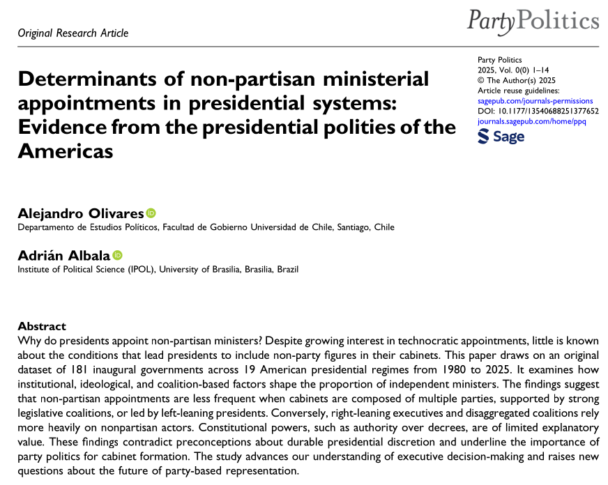 AdrianAlbala's tweet image. New paper with @janolivares in Party Politics. The pitch: Presidents appoint fewer non-partisan ministers when coalitions are large &amp;amp; legislative support is strong. On the other hand Right-wing  leaders rely more on those ministers. Link 👉: journals.sagepub.com/doi/abs/10.117… @SageJournals