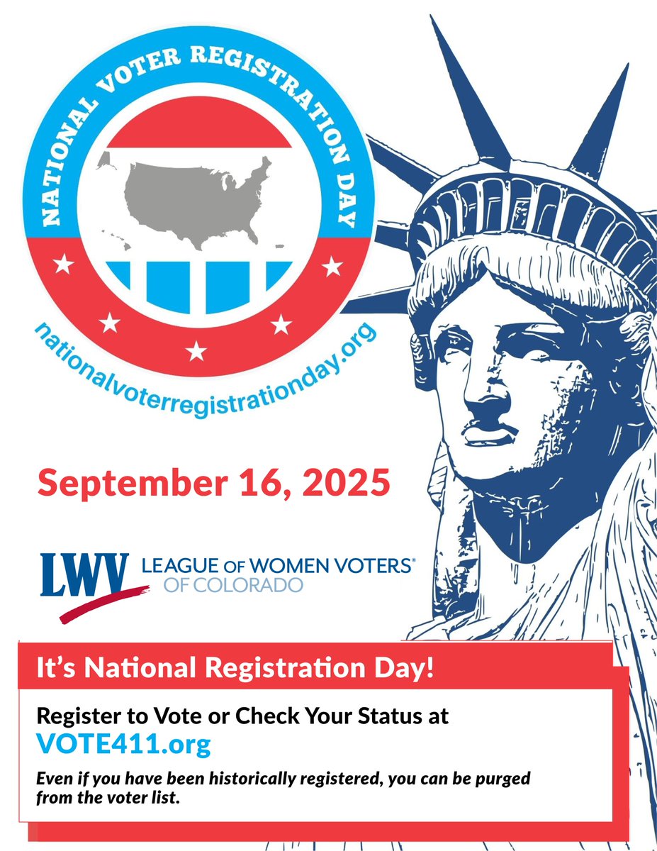 LWVColorado's tweet image. 🇺🇸 Exercising your right to vote starts with registering!   

National Voter Registration Day is the perfect time to do it! 

Go to vote411.org NOW 🗳️

#NationalVoterRegistrationDay #ExerciseYourRighttoVote #DefendingDemocracy #CheckYourRegistration