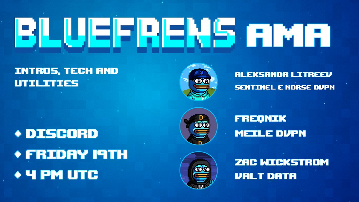 Bluefrens (@bluefrensnft) on Twitter photo Bluefrens AMA: dVPN Builders Roundtable π‘οΈ
Main contributors and devs from the leading <a href="/SentinelP2P/">Sentinel</a> dVPNs join us to talk about tech, privacy, and what's coming for Bluefrens.
ποΈ Friday 19th Β· 4 PM UTC
π Bluefrens Discord
πΈ Holders-only access
Save the date, Bluefrens π Bluefrens AMA: dVPN Builders Roundtable π‘οΈ
Main contributors and devs from the leading <a href="/SentinelP2P/">Sentinel</a> dVPNs join us to talk about tech, privacy, and what's coming for Bluefrens.
ποΈ Friday 19th Β· 4 PM UTC
π Bluefrens Discord
πΈ Holders-only access
Save the date, Bluefrens π