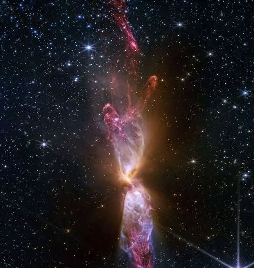 Birds of a feather, we should stick together 

Twin stars in the making illuminate this dazzling hourglass-shaped nebula, known as Lynds 483 (L483). 

Captured by the Webb Space Telescope, this cosmic dance of gas and dust reveals a mesmerizing display of light and shadow. The