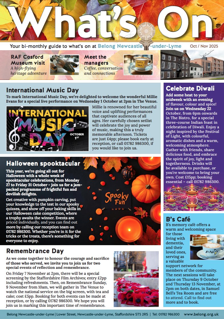 Belong Newcastle-under-Lyme &amp; @maximsheritage Oct/Nov What’s On guide is now available, packed with news, events &amp; offers. 🍂☕️🎃

We hope to see you in the village soon - everyone is welcome.

Read now 👉 belong.org.uk/assets/pdf/43b…

#NewcastleUnderLyme #Staffordshire #Dementia