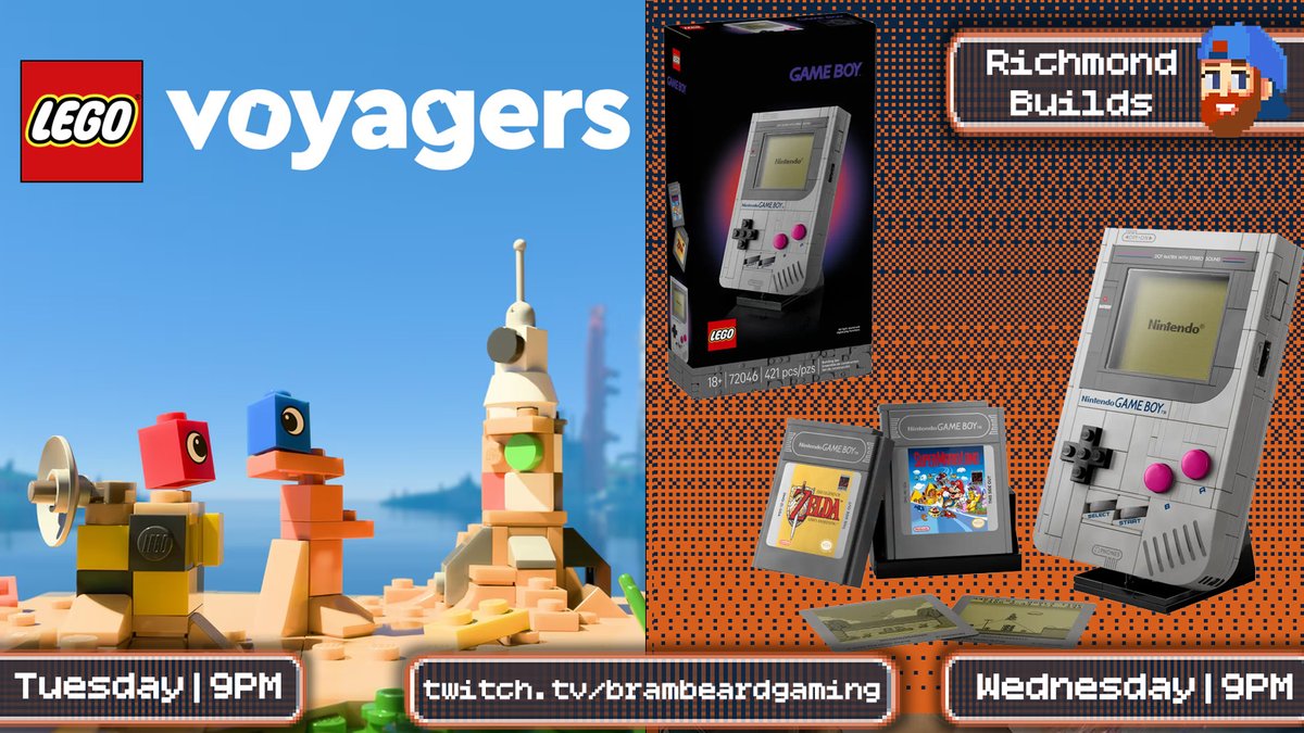 THIS WEEK on BramBeard Gaming - IT'S <a href="/LEGO_Group/">LEGO</a> Week (not a sponsor, but could be...)

TUE - We're in our Co-Op wheelhouse with the new Lego Voyagers (<a href="/A_i/">Annapurna Interactive</a>) game!

WED - TJ's gone so Richmond's doing a build stream of the new LEGO Game Boy set (<a href="/NintendoAmerica/">Nintendo of America</a>)