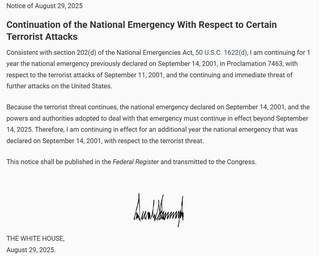 Didn't see this reported anywhere, but a few weeks ago, Trump extended the 9/11 state of emergency that started under Bush II.

This grants the president all kinds of powers that we don't even know about. While Congress is legally required to review these, they have never done so