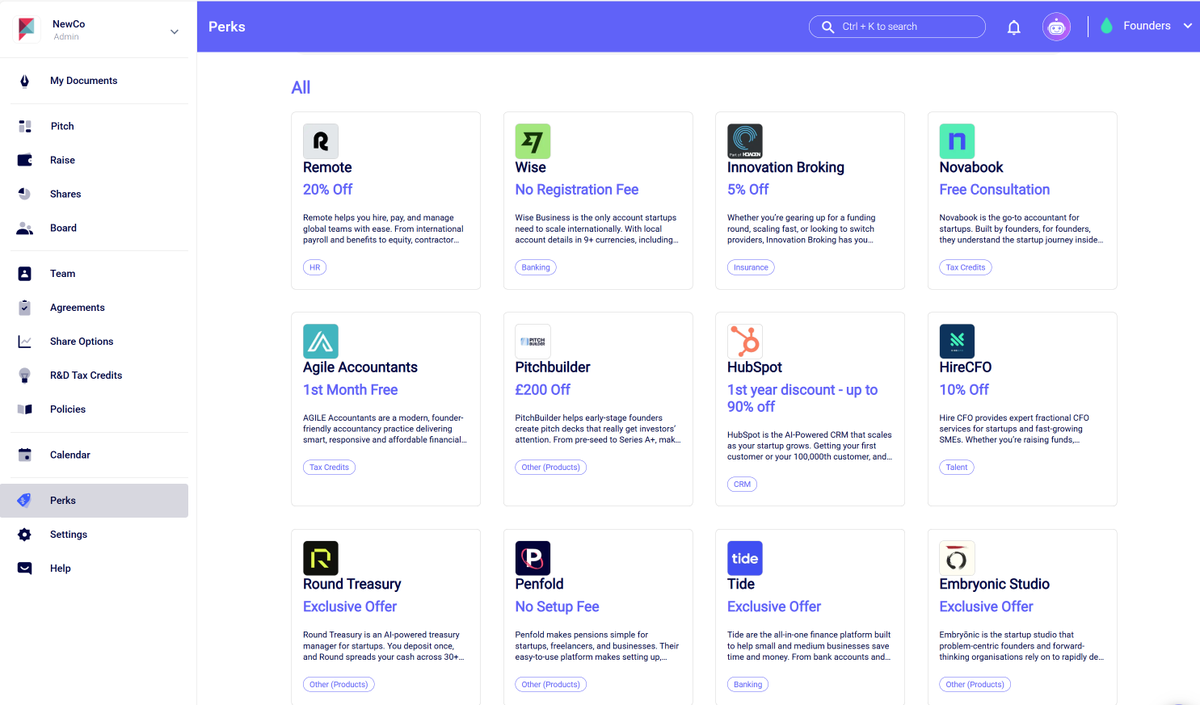 𝐘𝐨𝐮 𝐜𝐚𝐧 𝐧𝐨𝐰 𝐠𝐞𝐭 𝐩𝐚𝐫𝐭𝐧𝐞𝐫 𝐩𝐞𝐫𝐤𝐬 𝐨𝐧 𝐒𝐞𝐞𝐝𝐋𝐞𝐠𝐚𝐥𝐬

We've just launched our Perks marketplace on <a href="/seedlegals/">SeedLegals</a>.  SeedLegals customers get exclusive perks and discounts from SeedLegals partners.

We love promoting our customers, so if you're a SeedLegals