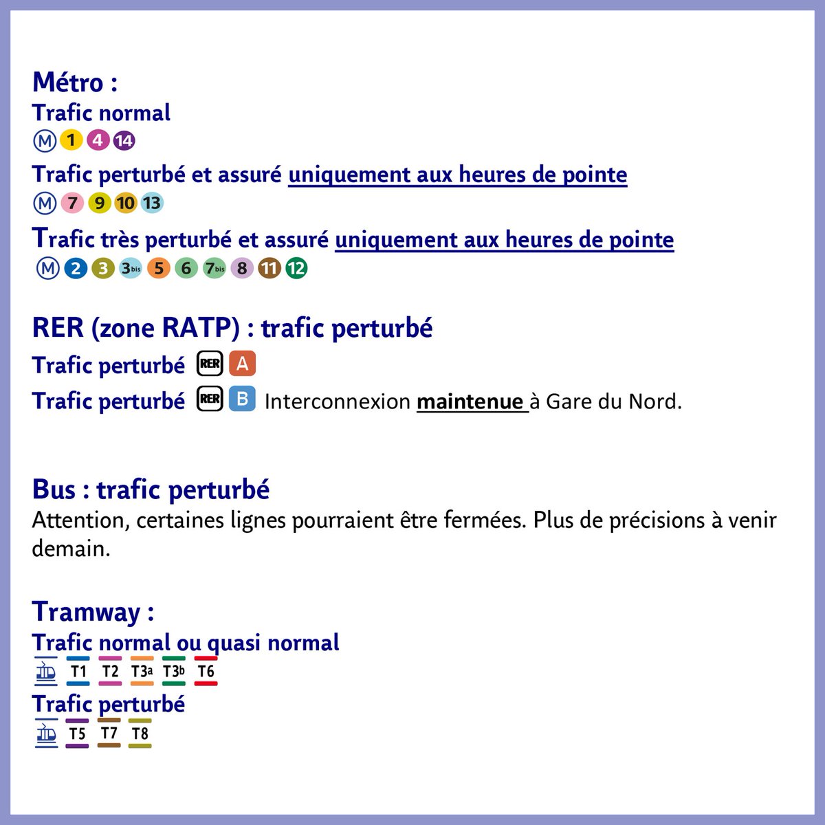 [#MouvementSocial] ⚠️ À la suite d’un préavis appelant à un mouvement social interprofessionnel le jeudi 18 septembre, la #RATP prévoit un trafic perturbé sur l’ensemble de son réseau.
Les voyageurs qui en ont la possibilité sont invités à privilégier le télétravail ou à différer