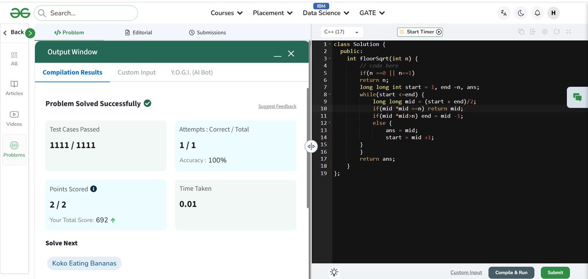 HimanshuTomer99's tweet image. #Day159 of #gfg160 Challenge!
@geeksforgeeks 
Square Root ✅
#geekstreak2025 #CodingChallenge #Problemsolving #DSA #Letsconnect