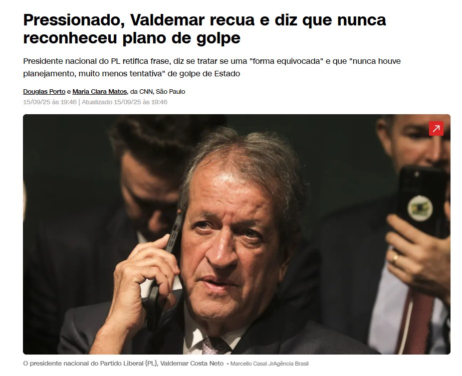 KAQUETO VALDEMAR!! QUE GOLPE??
- 1° Fala na CNN " que nunca soube de planejamento de golpe". (E TINHA?)😲
- 2° Fala na CNN - Se justificou que queria ter dito "movimento de golpe" ( E HOUVE?) 😲
- 3° Fala na CNN: que "nunca reconheceu plano de golpe" 
(TUDO NO MESMO DIA)
