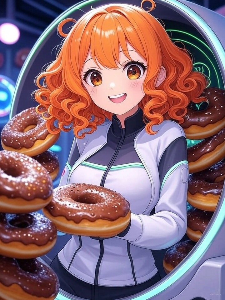 Hz9r8nxlJason's tweet image. &quot;Get playful with Donut Browser! 🍩 A bubbly anime girl with orange curls commands our futuristic hub, juggling rotating chocolate donuts in a neon green glow. Browse sweetly!
 #DonutBrowser #FuturisticFun #AnimeTech #xAI&quot; 
@DonutQueenLuna 
@kickstarter1337
@GigiWillliams