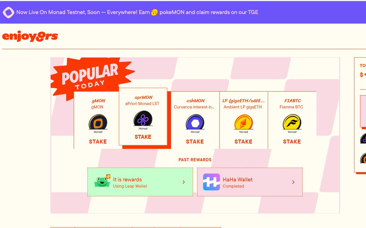AryanCryptonic's tweet image. Used @enjoyoorsxyz  DApp on Monad ecosystem today.

Stake MON tokens and others like wMon, aprMon, gMON, shMon, FIABTc.

Can also provide liquidity.

I staked 3 tokens today.

Anyone else tried it? Comment below.

@Indianads_
