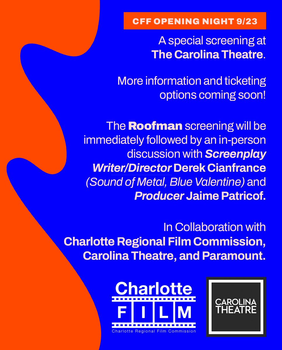 If you are looking to get tickets to the <a href="/CltFilmFest/">Charlotte Film Festival</a>  "Opening Night" Charlotte Premiere of ROOFMAN with Derek Cianfrance in attendance, a new block of tickets has been released. Very limited. Get em before they are gone (these might be the last ones):

charlottefilmfestival.org/2025/movies/ro…
