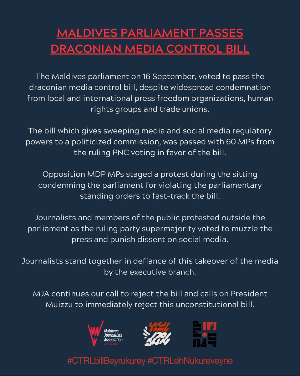 The Maldives parliament has passed the draconian media control bill, which seeks to muzzle dissent both online and offline on both traditional media and social media.

We stand together in defiance against the takeover of the media by the executive branch.

#CTRLBillBeyrukurey